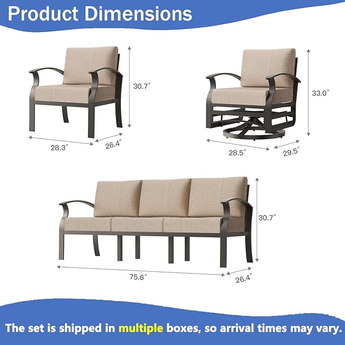 RTDTD Aluminum Outdoor Patio Furniture Set,7 Seats Patio Conversation Sets with Rectangular Coffee Table,Metal Patio Sectional Furniture Set with 2 Swivel Rocking Chairs,Sand