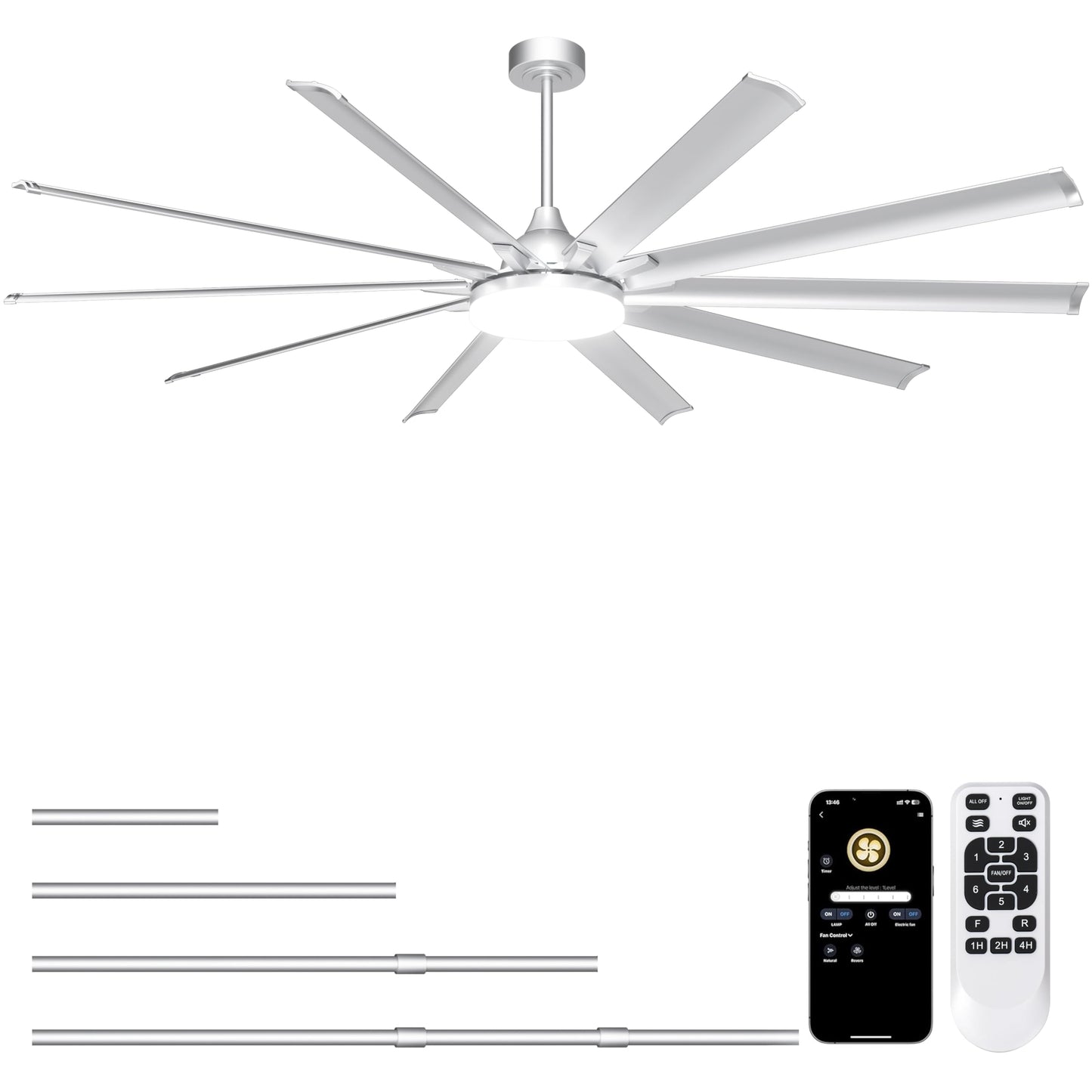 Ohniyou 96 Industrial Ceiling Fan With Bright Lights - Remote/App Control, High Cfm, Large Ceiling Fan For Shop, Covered Outdo