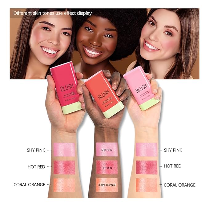 Multi-Use Makeup Blush Stick, Cream Blush Stick, Tinted Solid Moisturizer Stick for Cheek & Eyes & Lips, Waterproof Natural Nude Makeup, Suitable for All Skin (2#Hot Red)