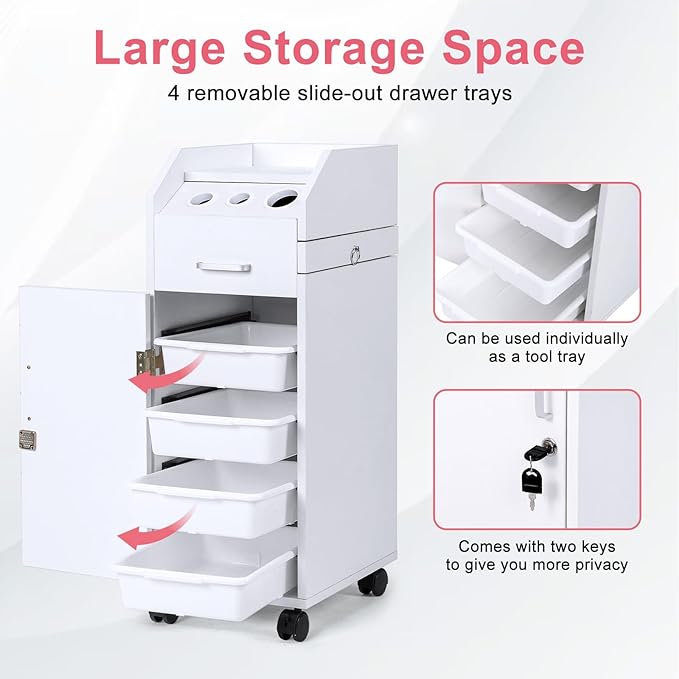 Winado Hair Salon Storage Cart with Wheels & 3 Hair Dryer Holders & 4 Drawers & Lock & 2 Keys, Hairdressing Tools Station Mobile Makeup Case, SPA Utility Trolley (White)