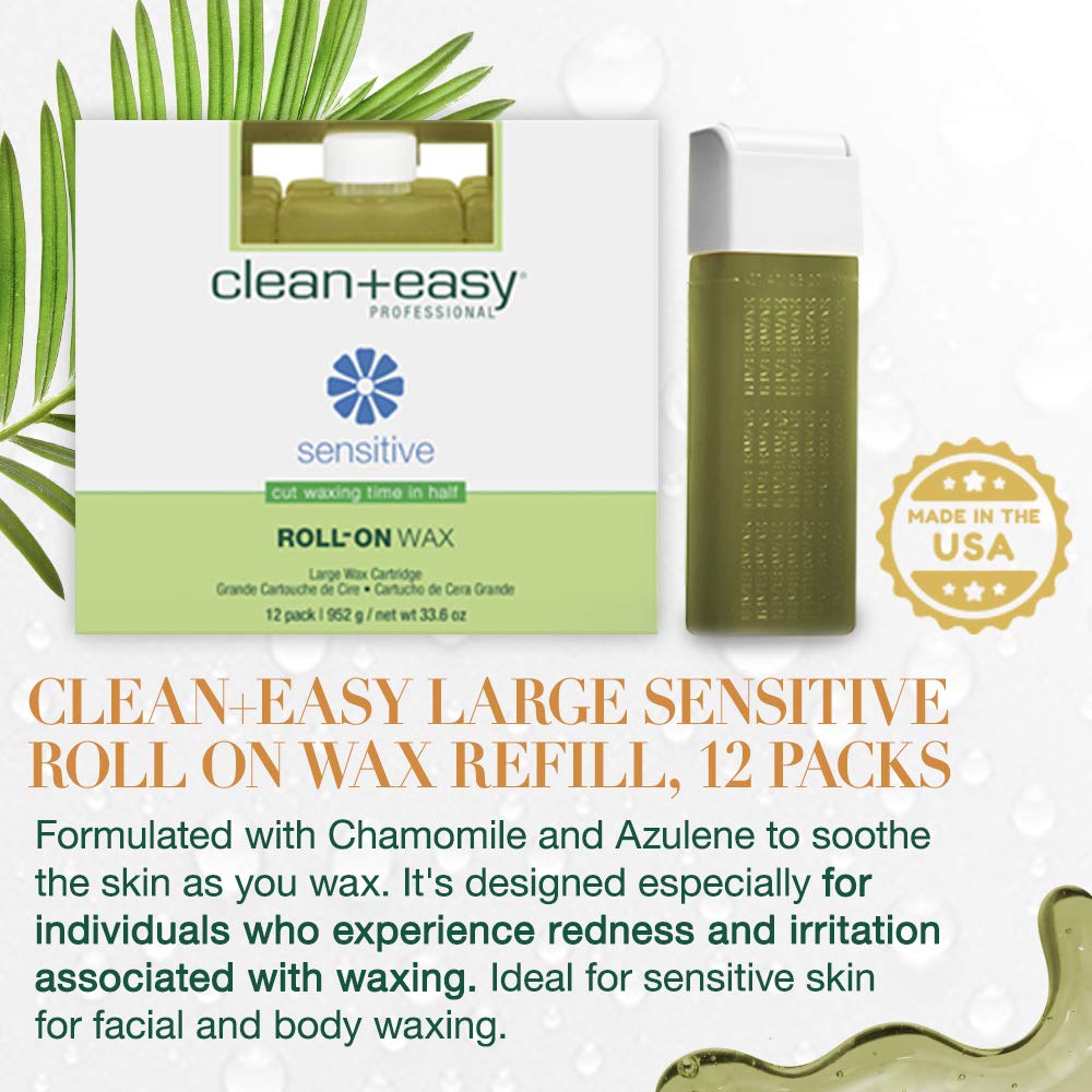 Clean + Easy Large Sensitive Roll On Wax Refill - Large Wax Refill for Cartridges, Quick & Easy Hair Removal, 12 Pack