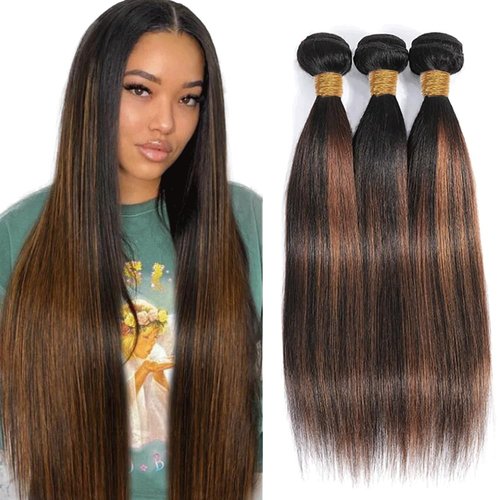 Fridnae Hair P1B30 Ombre Straight Human Hair Bundles 1B30 Brown 3 Bundles 24 26 28 Inch Two Tone Black Mixed Brown Highlight