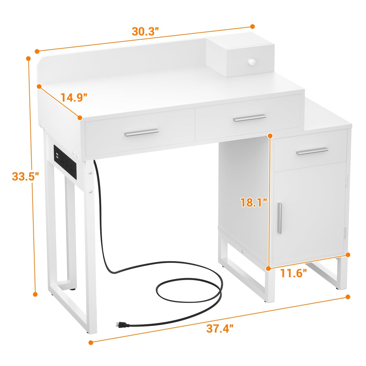 Vanity Desk with 4 Storage Drawers - Modern Makeup Vanity Table with Charging Station, White Vanity Desk with Reversible Cabinet Dressing Table Set with Divided Organizers for Women Girls, White