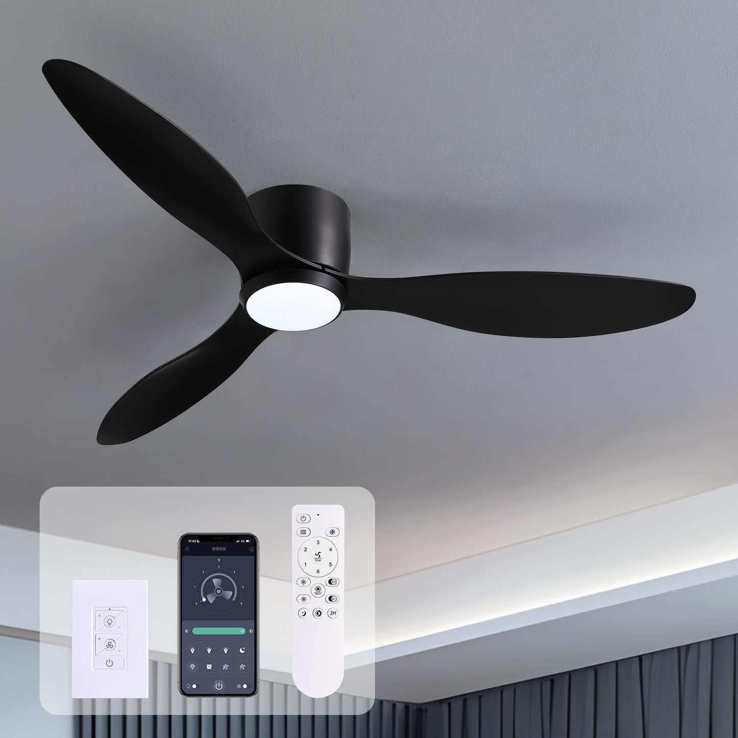 Ludomide Ceiling Fans With Lights,52 Inch Low Profile Ceiling Fan With Wall Control And Remote Control,Dimmable,Flush Mount Ceil