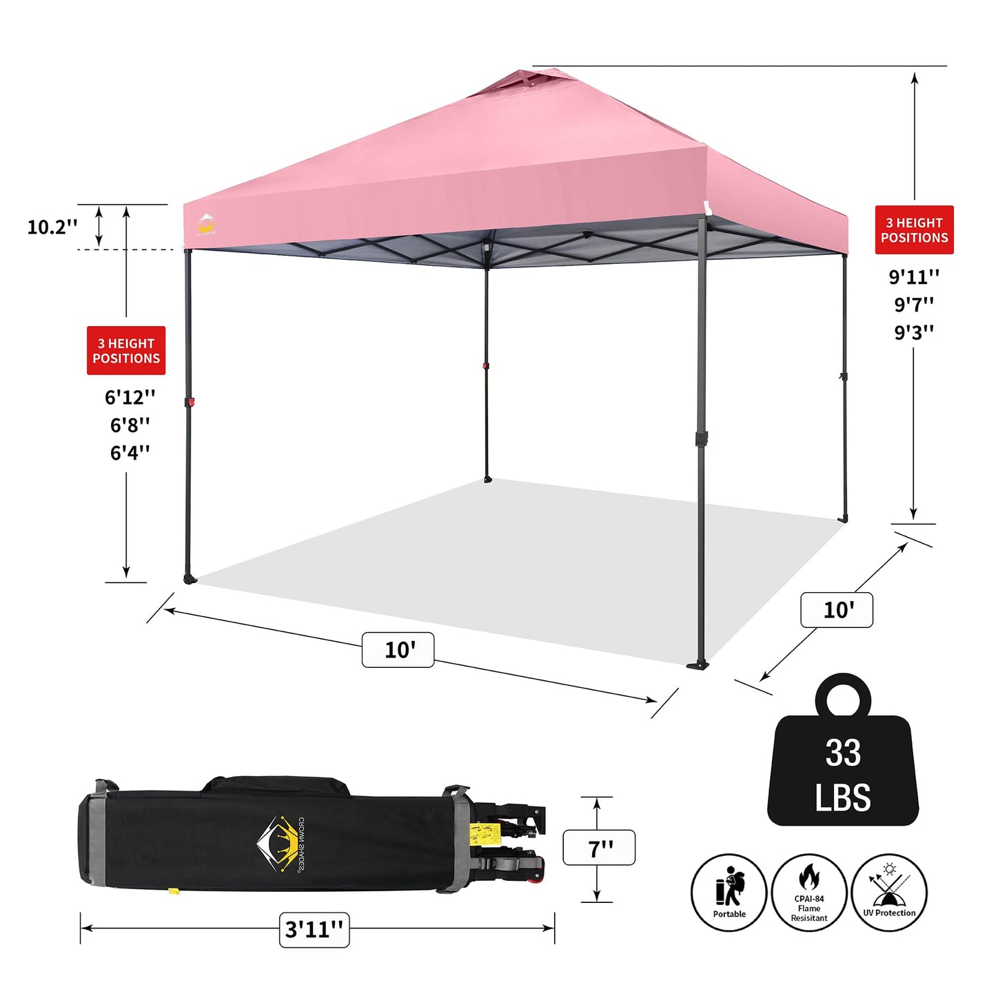CROWN SHADES 10x10 Pop Up Canopy Tent - Patented Center Lock One Push Instant Outdoor Canopy Beach Tent with STO-N-Go Bag 8 Stakes & 4 Sand Bags，Pink