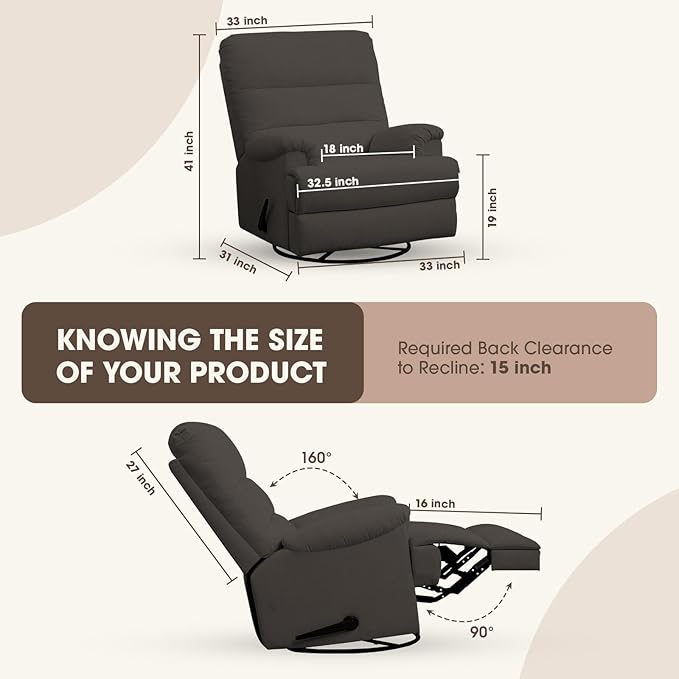 Divanus Dark Grey Glider Rocker Recliner,Swivel Rocking Recliner Chair,Glider Rocking Chair,Reclining Sofa Rocking Chair Nursery,23 Inches Deep Seat & 27 inches High Back,for Living Room