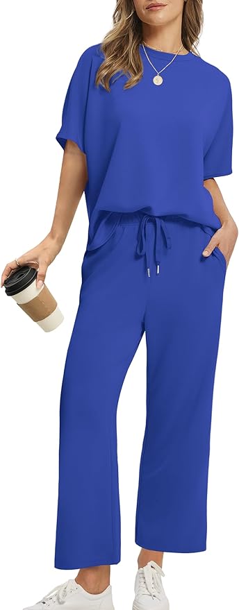 Sampeel Two Piece Sets for Women Summer Outfits Oversized Wide Leg Crop Pants Lounge Sets Airport Beach Vacation Clothes