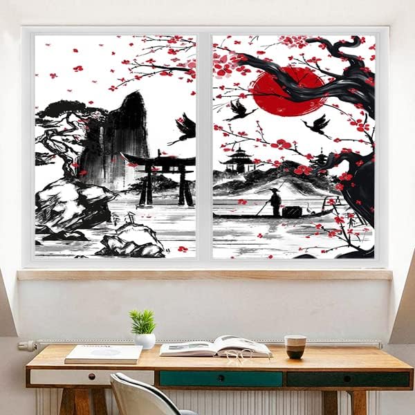 Vintage Japanese Style Decorative Window Film Abstract Ink Japanese Landscape Torii Gatekids Blackout Window Film,Cafe Lighted Window Film 17.7Wx23.6L-Inch X2Pcs