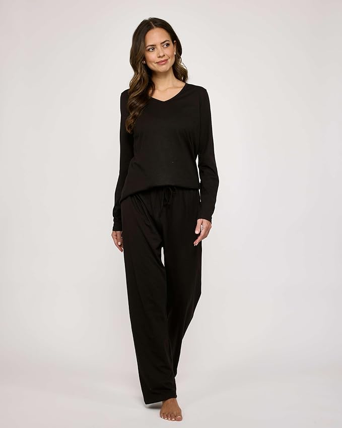 Real Essentials 2 Pack Women's Soft Cotton Long Sleeve Pajama Set with Pants - Lounge Sets for Women (Available In Plus)