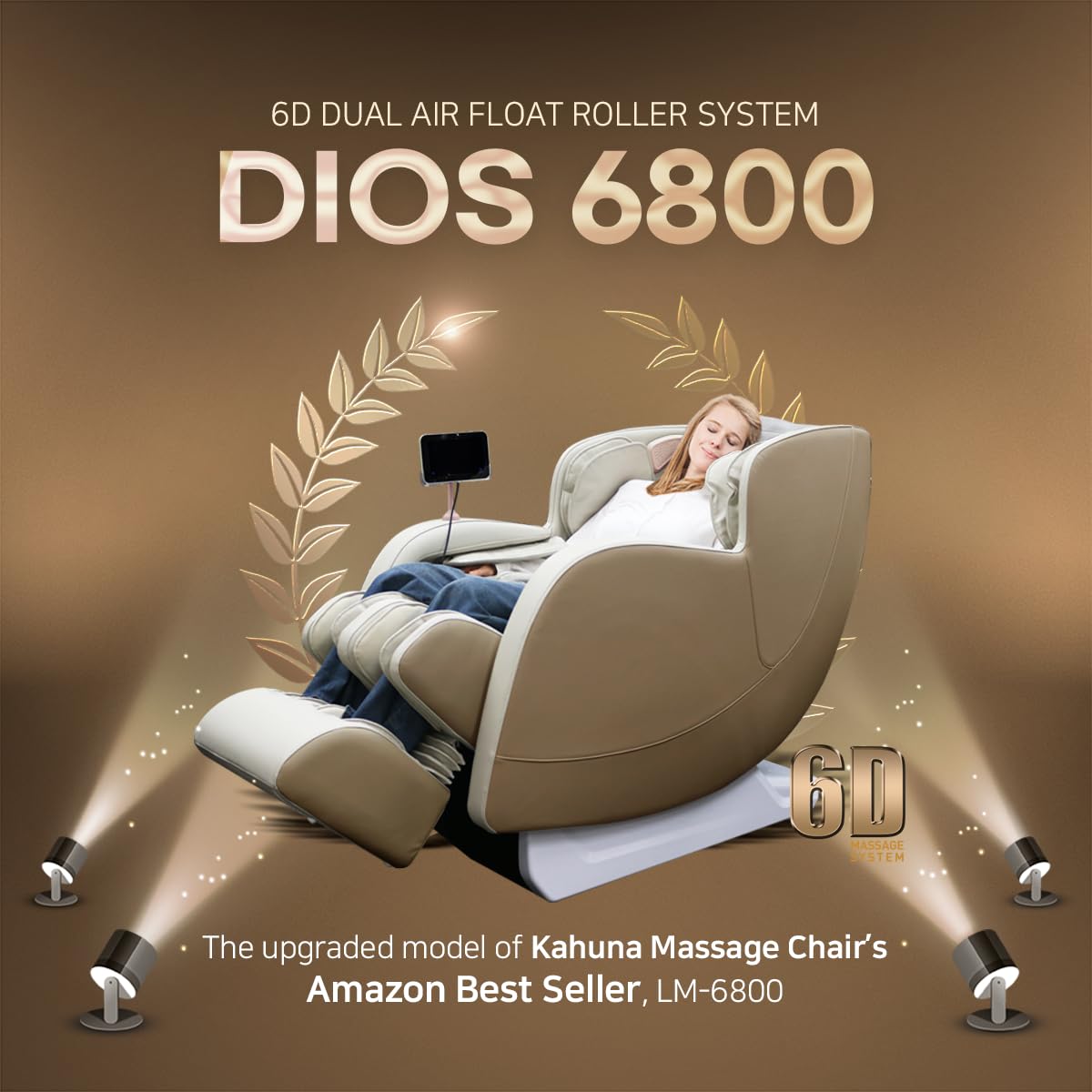 6D Dual Core (3D+3D) Roller, Air Float System, Upgraded Kahuna LM6800, 50" SL-Track Full Body Zero Gravity Recliner, Bluetooth, Heat Therapy - Beige/White