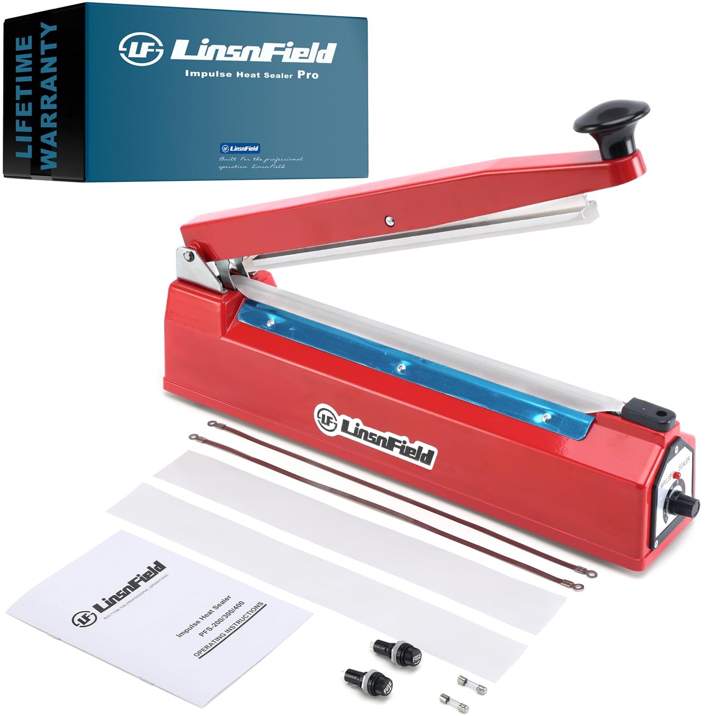 LinsnField Sealer Pro, 12-inch Super Impulse Heat Bag Sealer, 7-mm Sealing System with Patent for Never Burn Out, Antioxidant Aluminium Shield, Copper Transformer, Built-in Fuse Safety System, Red