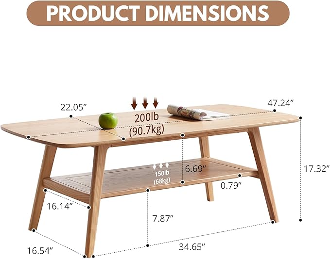 Hymus Wood Coffee Table - 100% Solid Wood- 2-Tier Coffee Table with Storage for Living Room, Eco-Friendly Finish, Easy Assembly (Natural, 47.24" D x 22.04" W x 17.32" H)