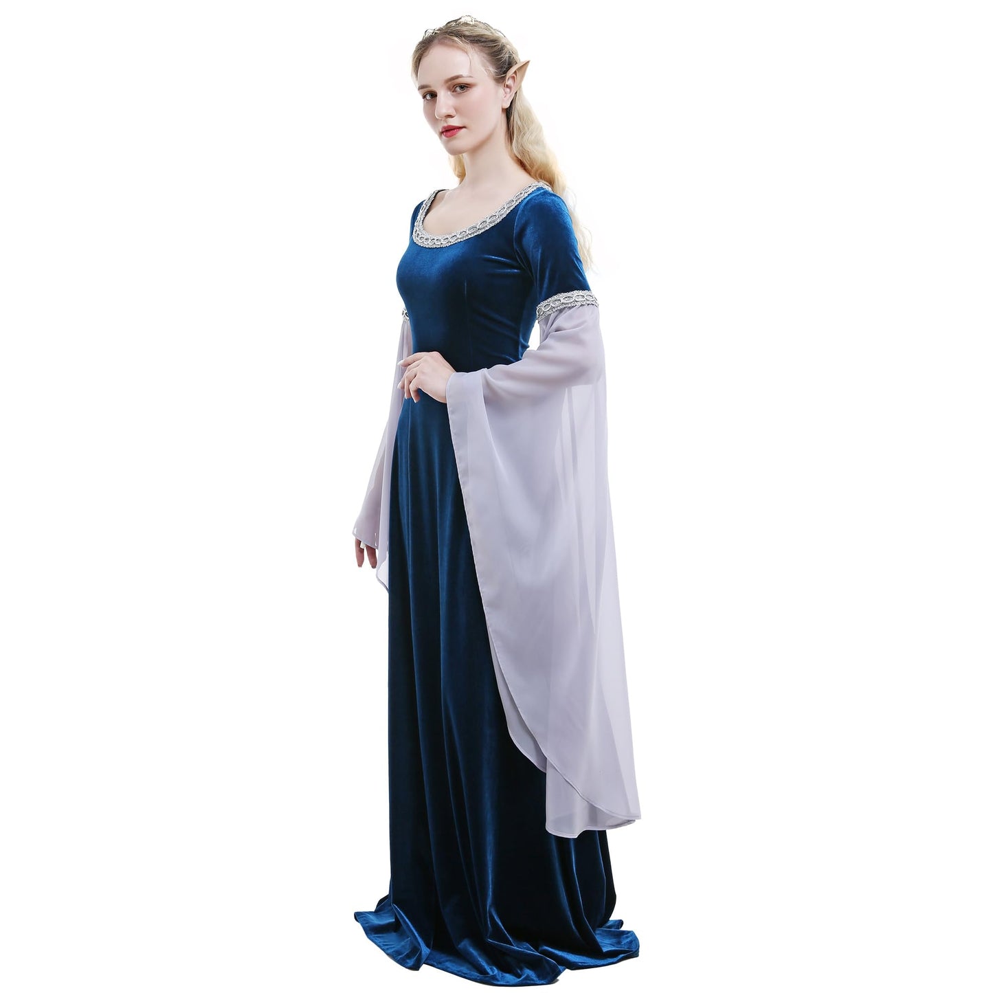 daizbella Medieval Renaissance Costume Dress Handmade Historical Rretro Dress Velvet Gown with Chiffon Sleeves Blue