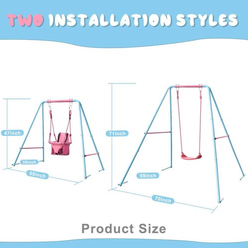 JYGOPLA 2-in-1 Toddler Swing Set with Metal Stand, Safety Belt & 4 Anchors - A-Frame Swing for Kids 6 Months+ (Pink, Indoor/Outdoor Backyard Playground)