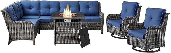 Belord Outdoor Sectional Sofa Furniture Set with Propane Fire Pit Table, Wicker Patio Conversation Set with 2 Swivel Glider Rocker Chairs Blue Cushion Perfect for Backyard Casual Gathering