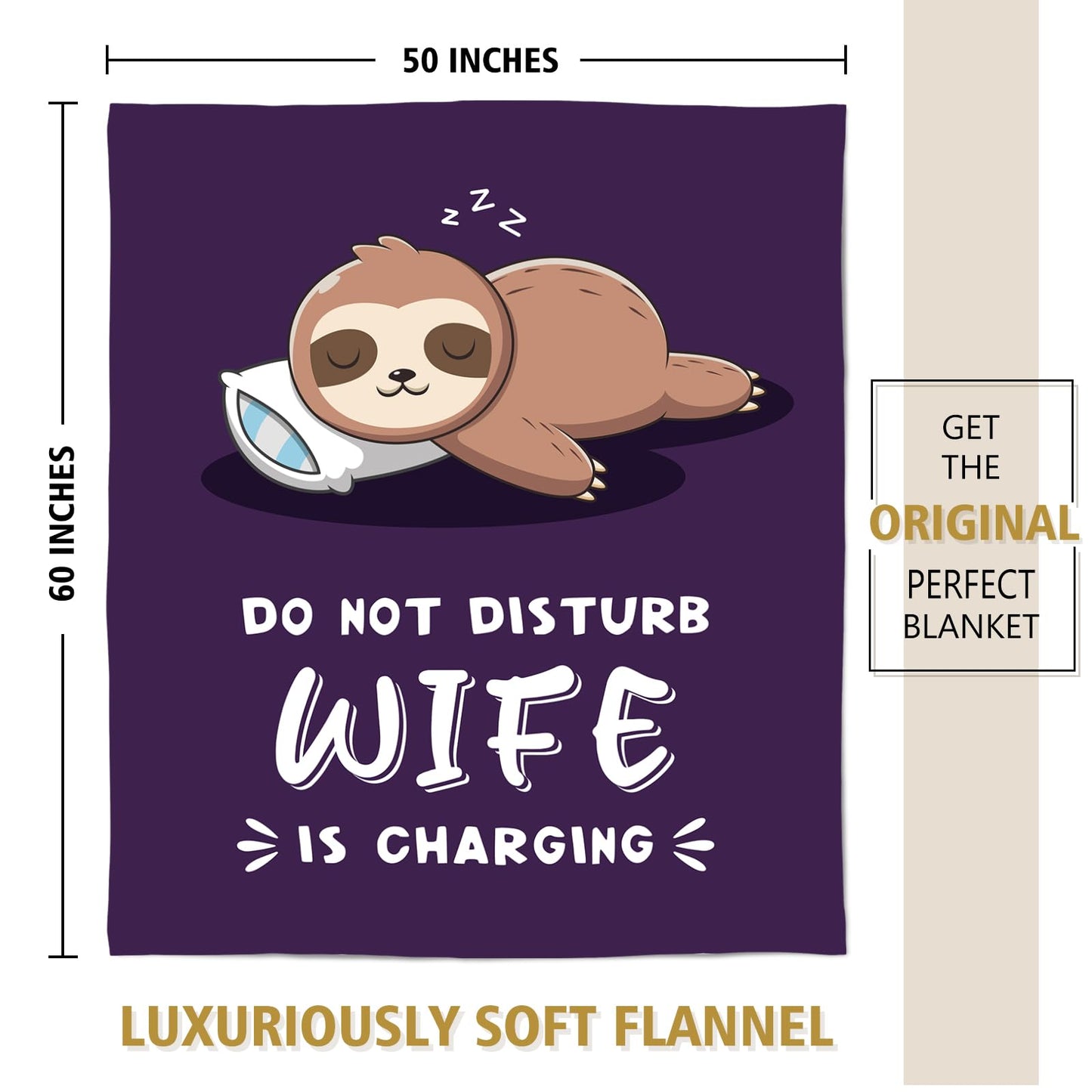 Funny Anniversary Birthday Gifts for Wife, Wife is Charging Sloth Blanket, Wifey Gifts from Husband, Wedding, Mother's Day, Valentines Day Present for Women, Super Soft Blanket for Her