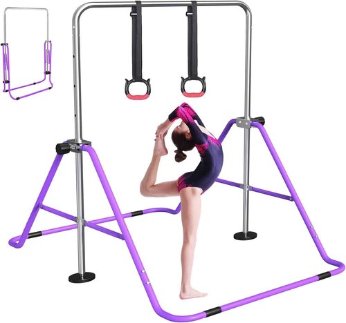 FBSPORT Gymnastics Bar for Kids with Rings，Adjustable Height Gymnastic Horizontal Bars,Junior Training Bar Children Folding Training Monkey Bars for Home Using (Purple)