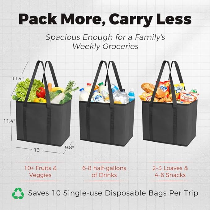 DOUKE Reusable Grocery Tote Bags, 3-Pack Heavy Duty Reusable Shopping Bags with Long Handles, Large Box Shape Tote Bags to Stand Up, Stay Open, Fold Flat (Black)