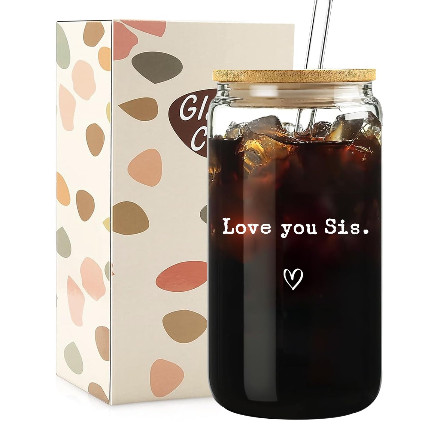 Mikopei Sister Gifts from Sister - Love You Sis Glass Cups with Lids and Straws, Best Big Soul Sisters Birthday Gifts for Women,Cute Iced Coffee Cup, 16 oz