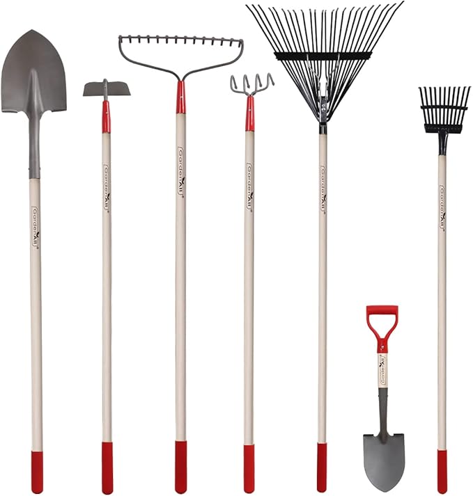 GardenAll 7-Piece Shovels Rakes Hoe Set Long Wood Handle Garden Tools Set Gifts for Women Pointy Shovels for Digging Short Handle Shovel Meteal Rakes Cultivator Set