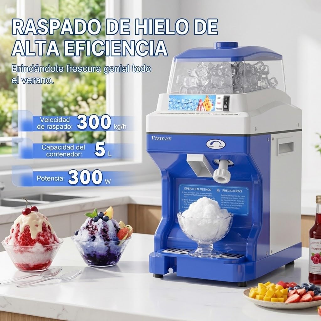 Vtsmax Electric Ice Shaver Machine, 300W Shaved Ice Machine, Thickness Adjustable Snow Cone Maker Machine 661LBs/hr Ice Crusher for Bar Parties Events Snack, Home and Commerical Use Blue(5.8Qt)
