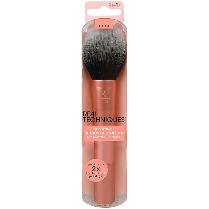 Real Techniques Powder Brush, Ultra Plush Synthetic Bristles, Aluminum Ferrules to Build Coverage, Cruelty Free, Mattified Finish, For Foundation, Setting Powder, Bronzers, Orange, 1 Count (Pack of 2)