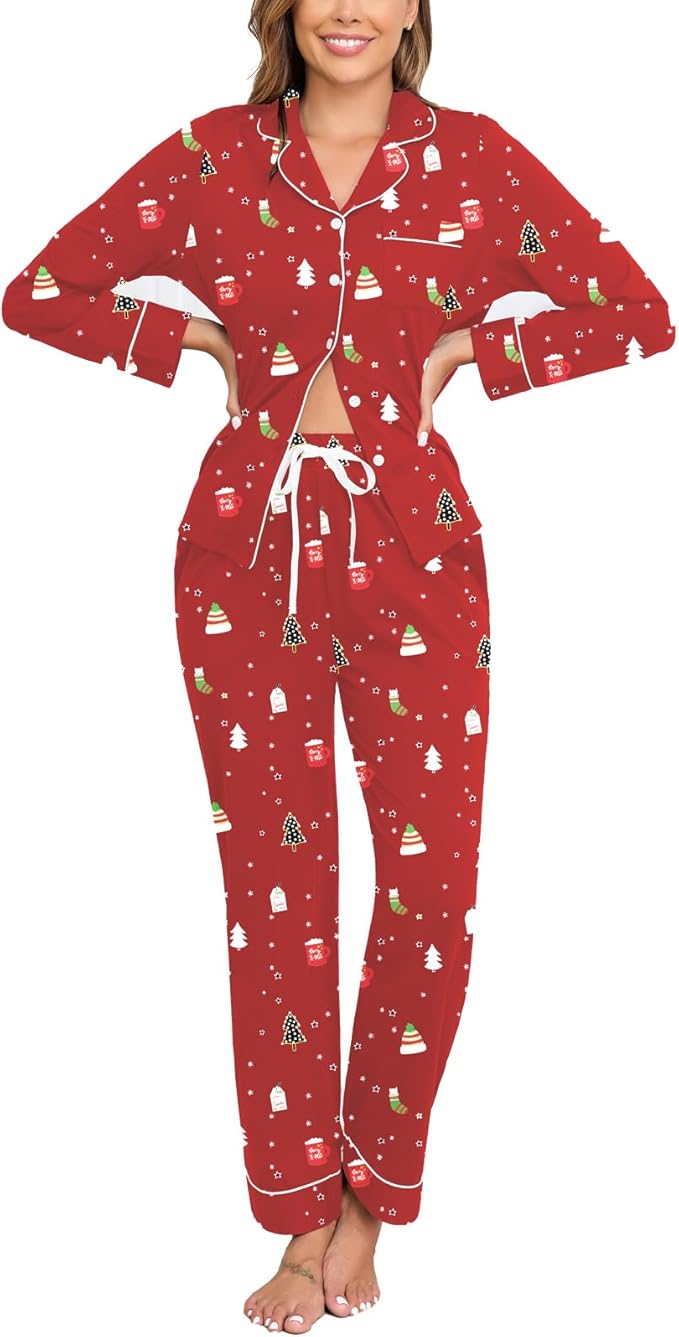 Veseacky 100% Cotton Pajamas for Women Set Long Sleeve Button Down Sleepwear Soft Pjs Lounge Sets with Pockets XS-XXL