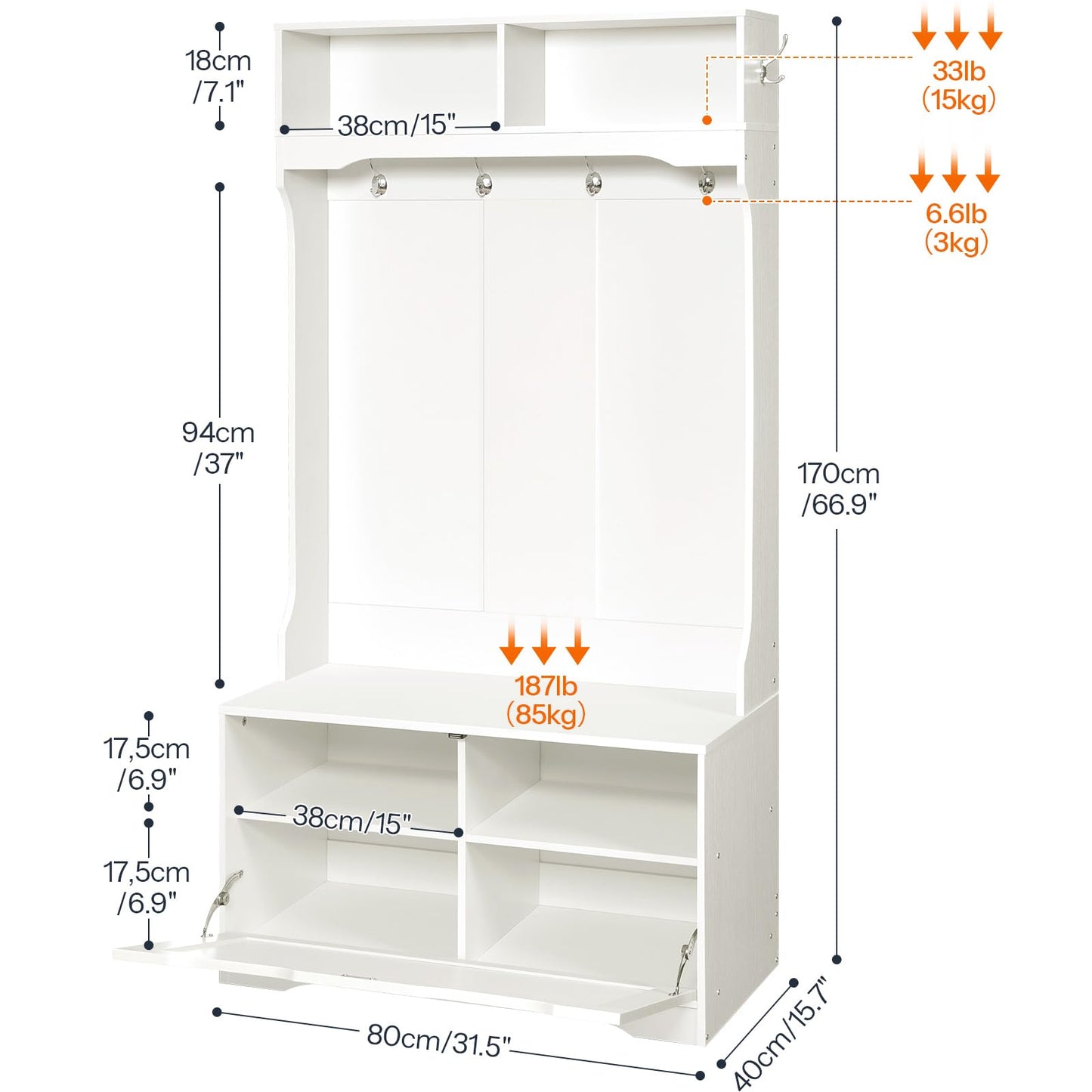 HOOBRO Hall Tree with Bench and Shoe Storage, Entryway Bench with Coat Rack and Shoe Cabinet, Flip-Down Cabinet Door, Coat Rack with Shoe Rack, for Mud Room, White WT84MT01