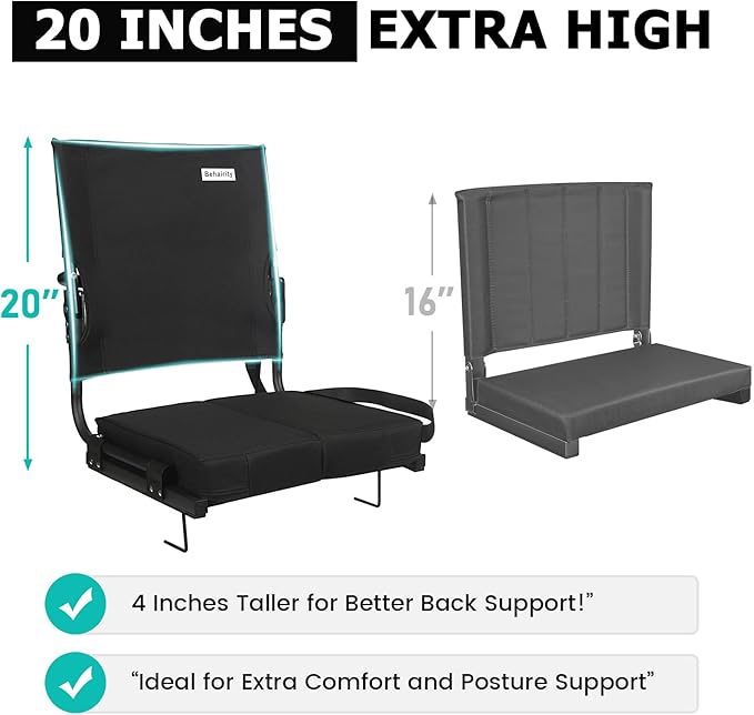 behairity Portable Stadium Seat for Bleachers with Back Support, Wide Padded Bleacher Chair with High Back and Thick Cushion for Adults, Folding Stadium Chair for Football Sports Events (Black)