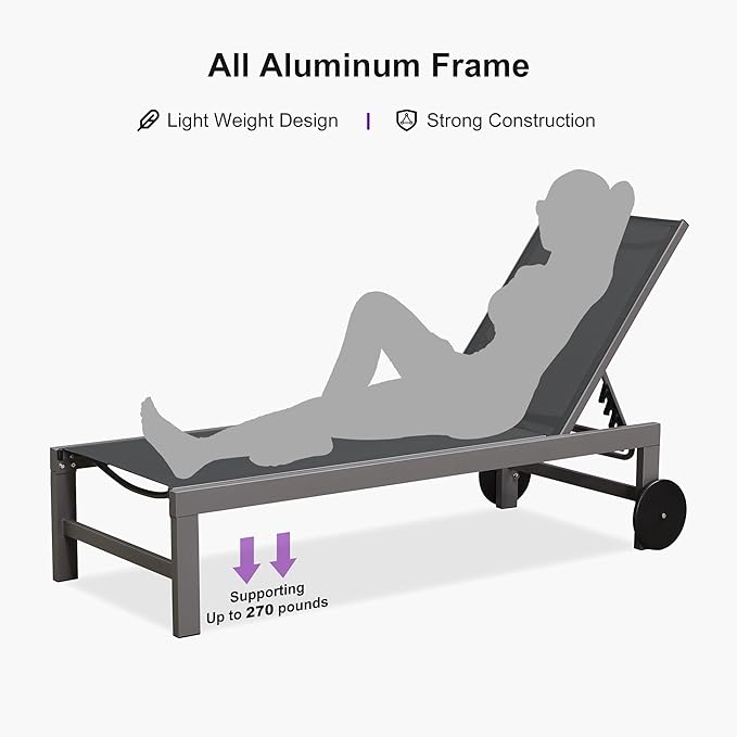 PURPLE LEAF Outdoor Lounge Chair Set for 2 Patio Chaise Lounger with Aluminum Frame and Wheels All-Weather Pool Lounge Chairs for Outside Garden Yard Poolside Table Included, Grey