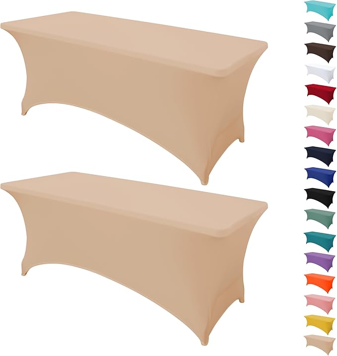 MRGSDL 2Pack 8FT Table Cloth for Rectangular Fitted Events Stretch Champagne Table Covers Washable Spandex Tablecloth Prot...