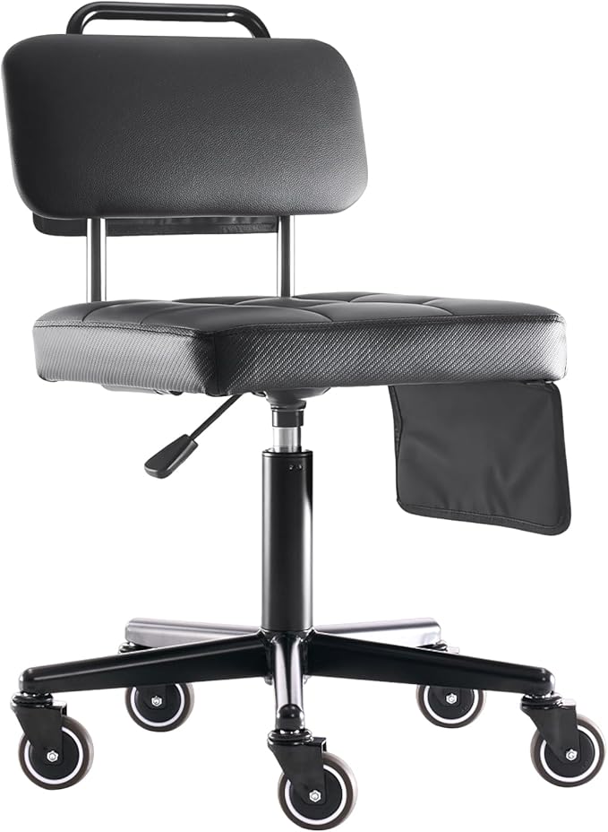 WUDOYO Adjustable Rolling Shop Stool with Tool Bags, Black Padded Seat, TPE Wheels, Real Backrest, Easy Handrail (Regular Work Seat Height(18-25"))