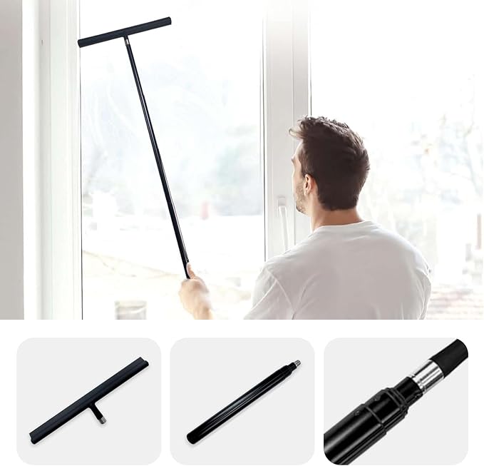 Telescopic Black Shower Squeegee for Glass Doors, Tile Shower Walls, and Bathroom - 13.19x43.13 Inch - Includes Suction Hook, Ideal Squeegee for Shower Glass