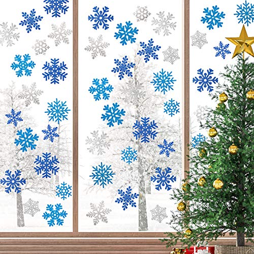 Whaline Snowflake Cut-Outs 48Pcs Glitter Blue Silver Snowflake Cutouts Double-Sided Holiday Cut-Outs with Glue Point for W...