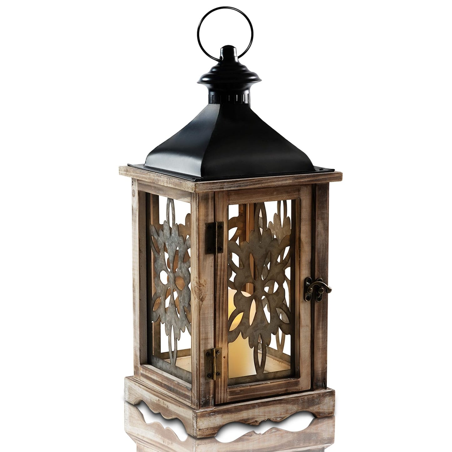 Homemory Rustic Christmas Farmhouse Lantern Decor, Wood & Metal 16'' Candle Lantern Hanging Candle Holders for Outdoor Indoor Home Living Room Patio Porch Table (Wood)