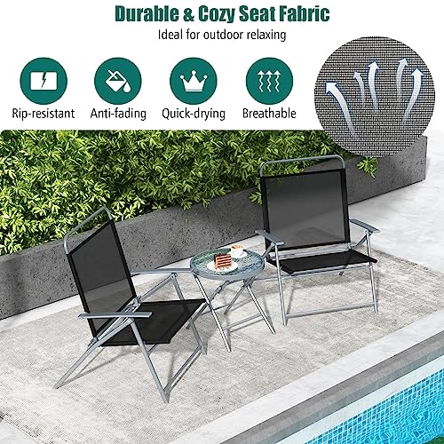 Tangkula 3 Piece Patio Folding Chair Set, Outdoor Metal Conversation Set w/Coffee Table, Extra-Large Seat, Stable Metal Fr...