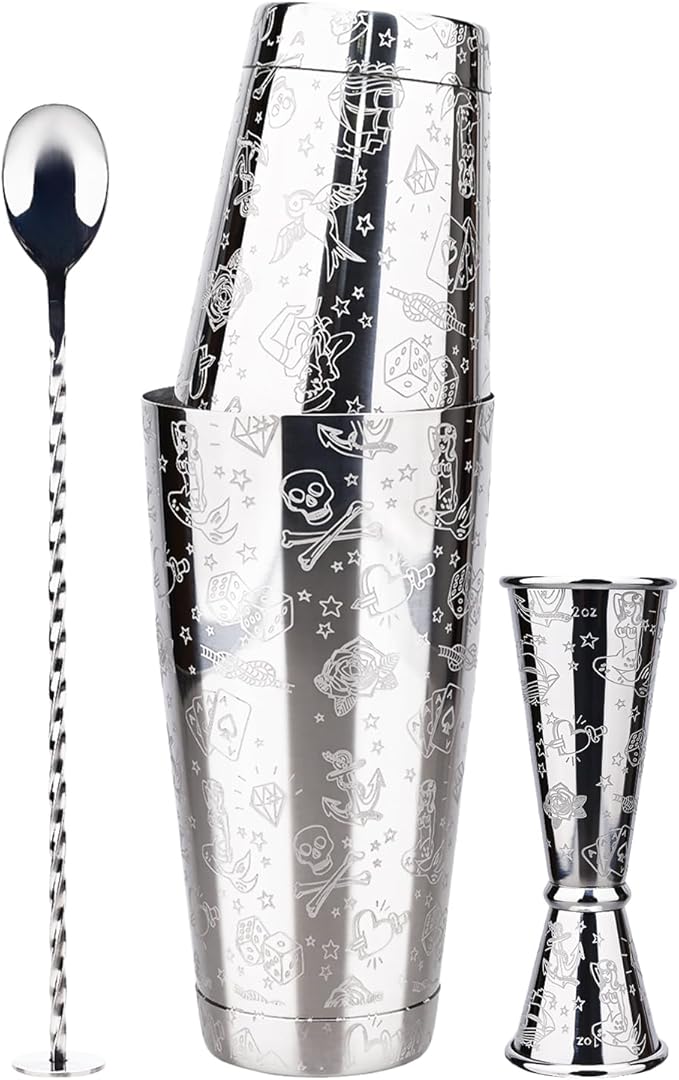 MeowvCraft Boston Cocktail Shaker Set, Bartender Kit 3-Piece with Jigger, Mixing Spoon, Etched Mermaid Design Stainless St...