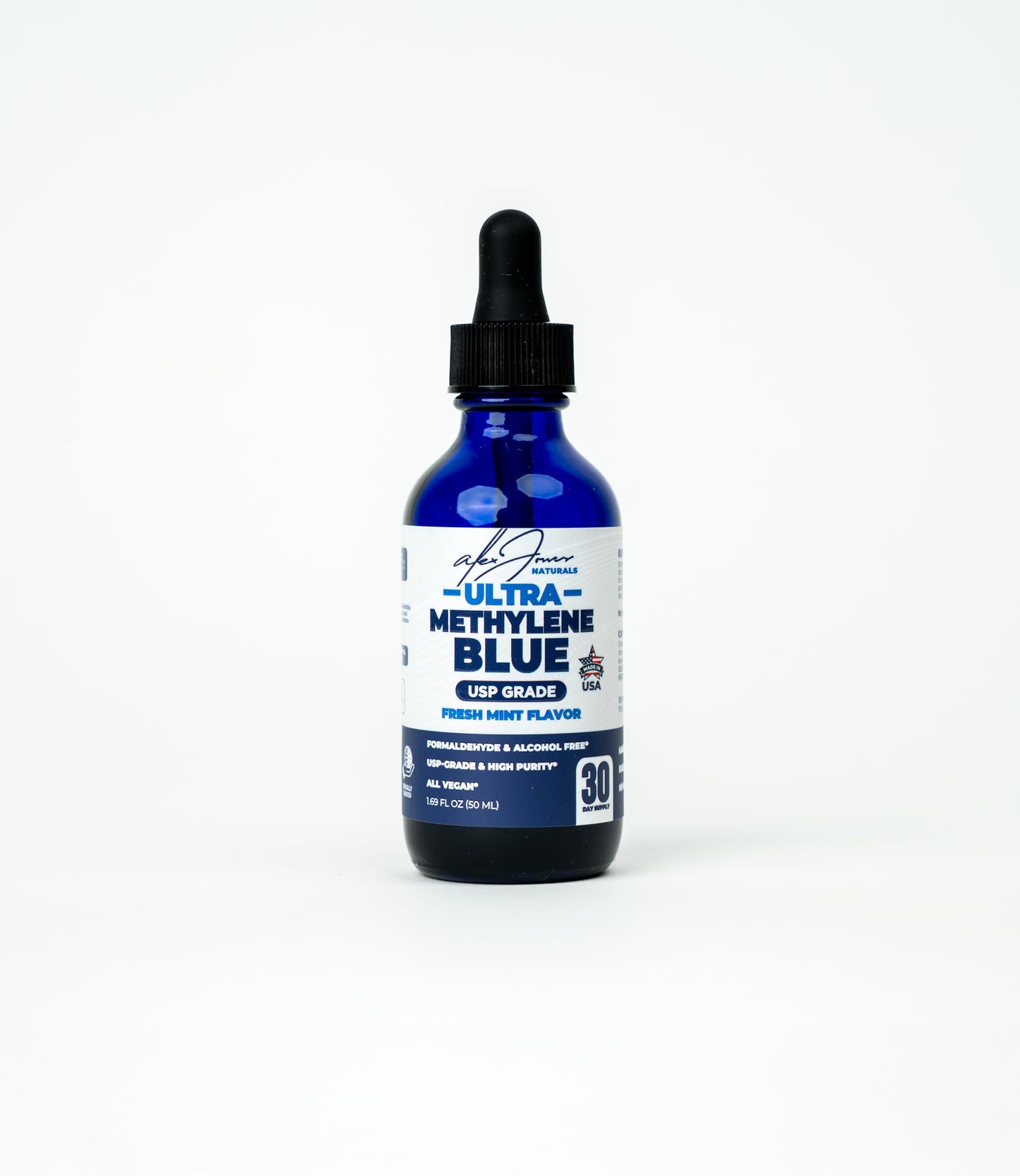 Alex Jones Ultra Methylene Blue Drops 1% USP Grade High Purity Solution – Fresh Mint Flavored, 50 mL (1.69 fl oz) Dropper Bottle – Organic Methylene Blue - 30 Day Supply