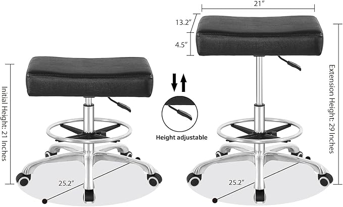 Nazalus Rolling Swivel Stool Height Adjustable with Wheels Heavy Duty for Office Home Desk Counter Salon (Black) (Black, with Footrest)