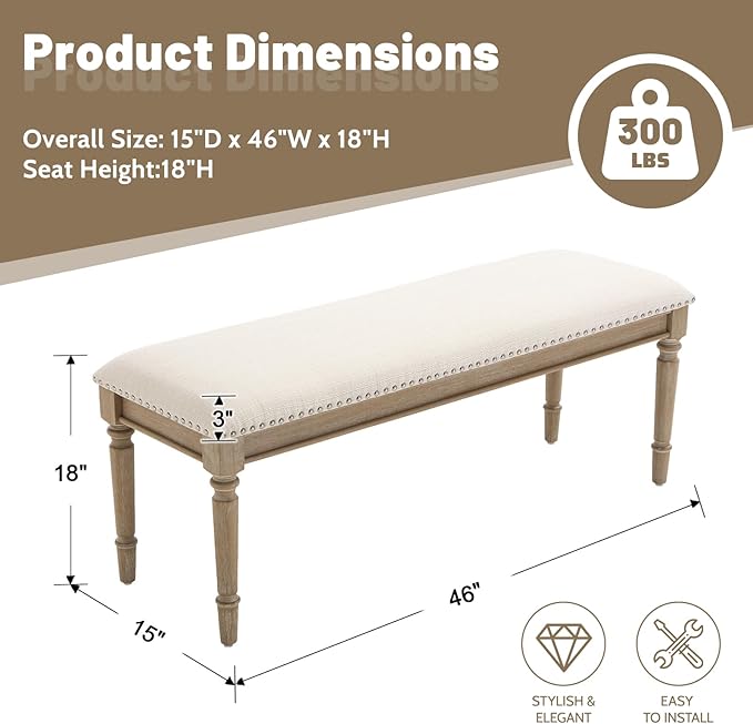 chairus Farmhouse Dining Bench 46" Wooden Entryway Bench with Padded Seat and Nailhead Trim for Kitchen Bedroom,Indoor and Hallway, Beige Linen