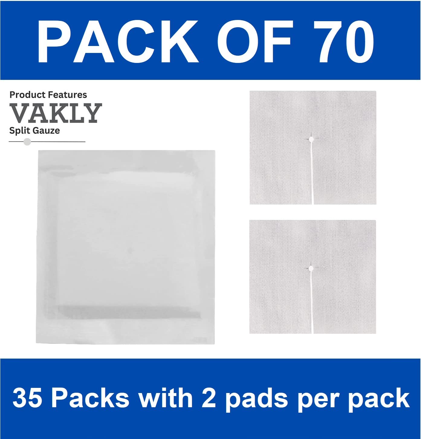 Vakly Split Drain Sponge Gauze 2x2 Sterile 6 Ply Pads [Pack of 70] Absorbent Precut 2"X2" Non-Woven Slit Bandage for I.V. Tracheostomy - 35 Packs of 2 Pre Cut Bandages + 1 Roll of Medical Tape