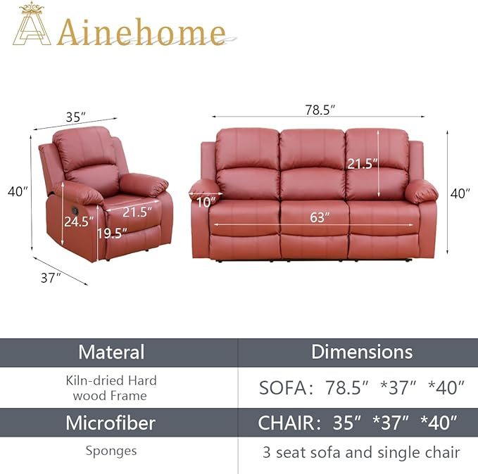 A Ainehome Living Room Furniture Set Leather Recliner Sofa Set Loveseat Chair Furniture Sofa Set for Living Room/Small Space/Rv/House/Office/Theater Seating (A-Red Leather, Sofa+Chairs)