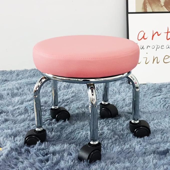 WKWKER Modern Roller Seat PU Leather Low Round Rolling Stool 360° Swivel Small Office Ottoman with Universal Wheels Foot Stool for Home Office Garage Shop Fitness Sport H：12.4" （Pink）