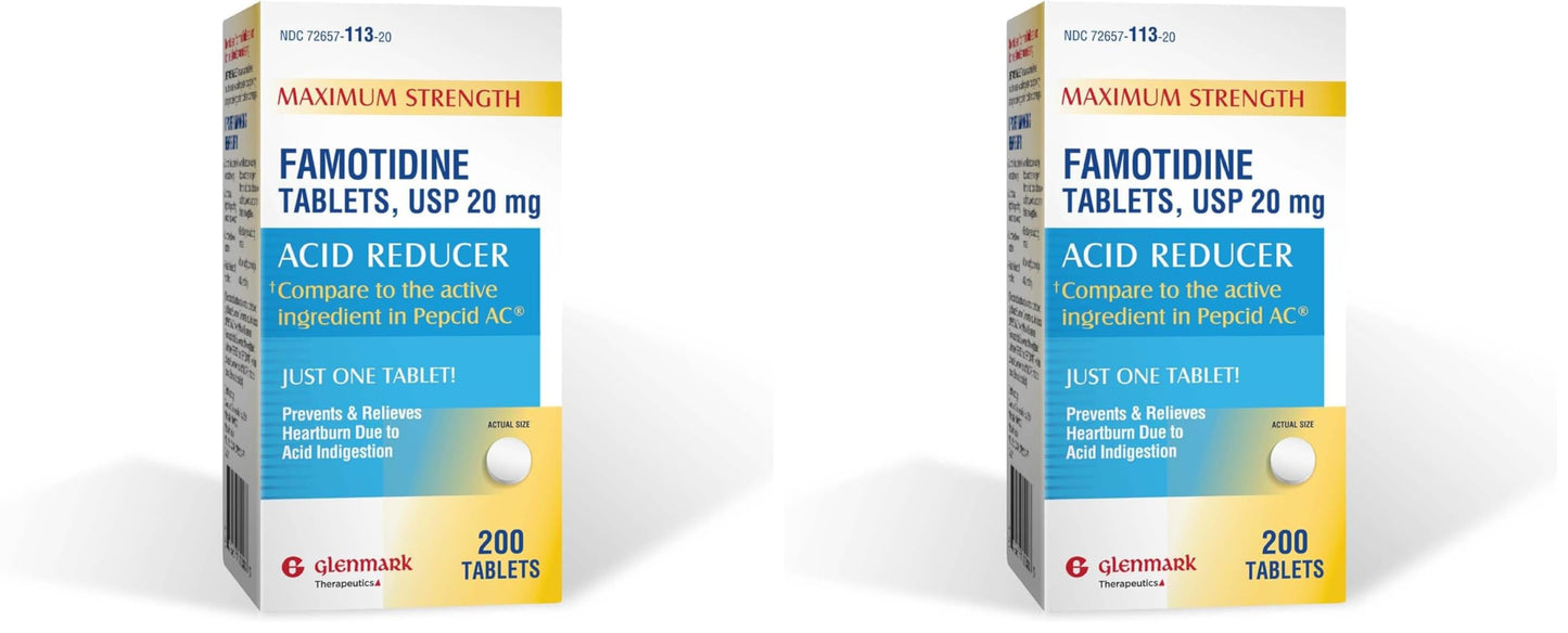 Glenmark Maximum Strength Famotidine Tablets, 20 mg, Acid Reducer for Heartburn Relief, 200 Count (Pack of 2)