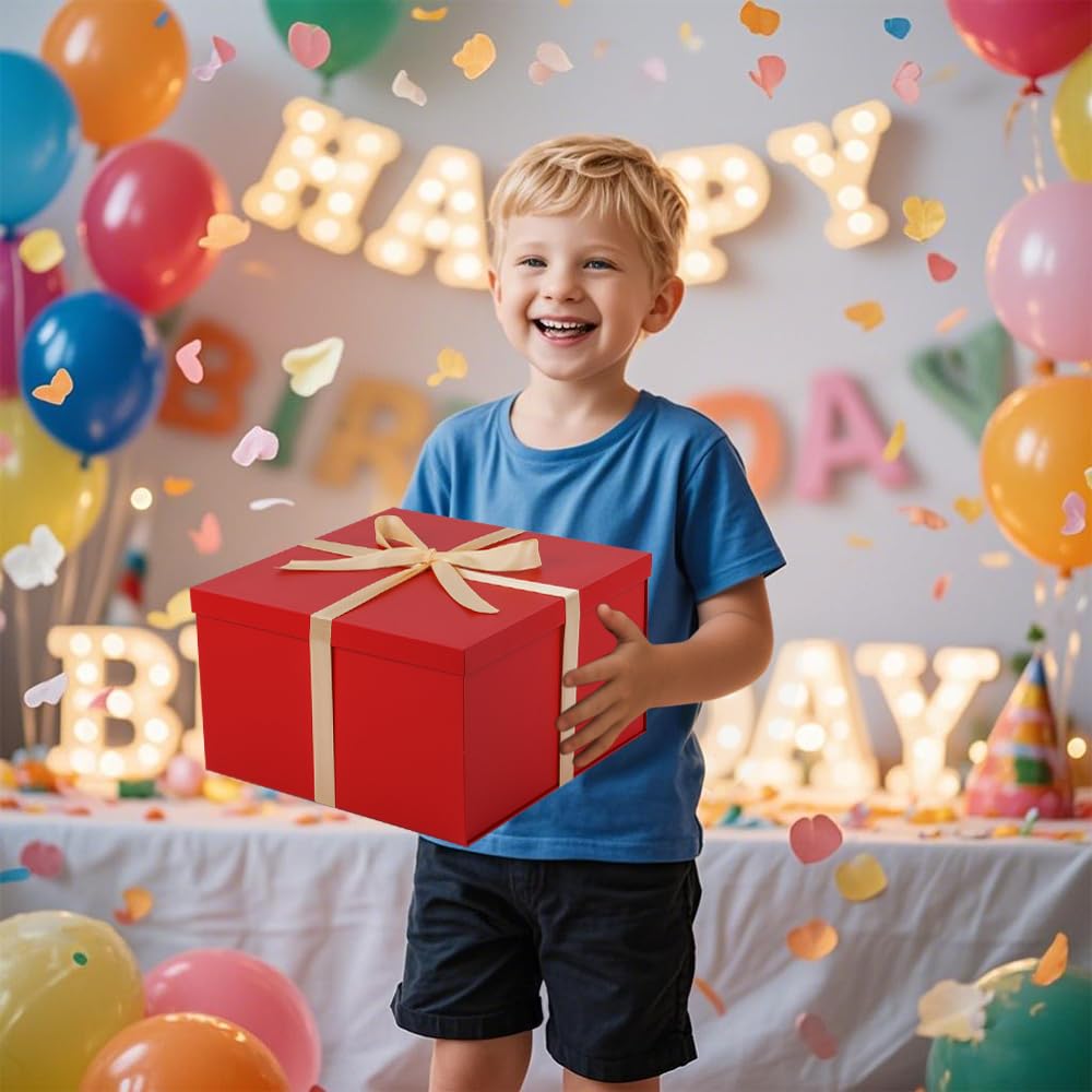 UoeRing 1Pcs Red Extra Large gift box with lids 13×13×7 Inches gift boxes for presents,Birthday Box (include Ribbon, Paper Shred Filler Gift Card & Envelopes)