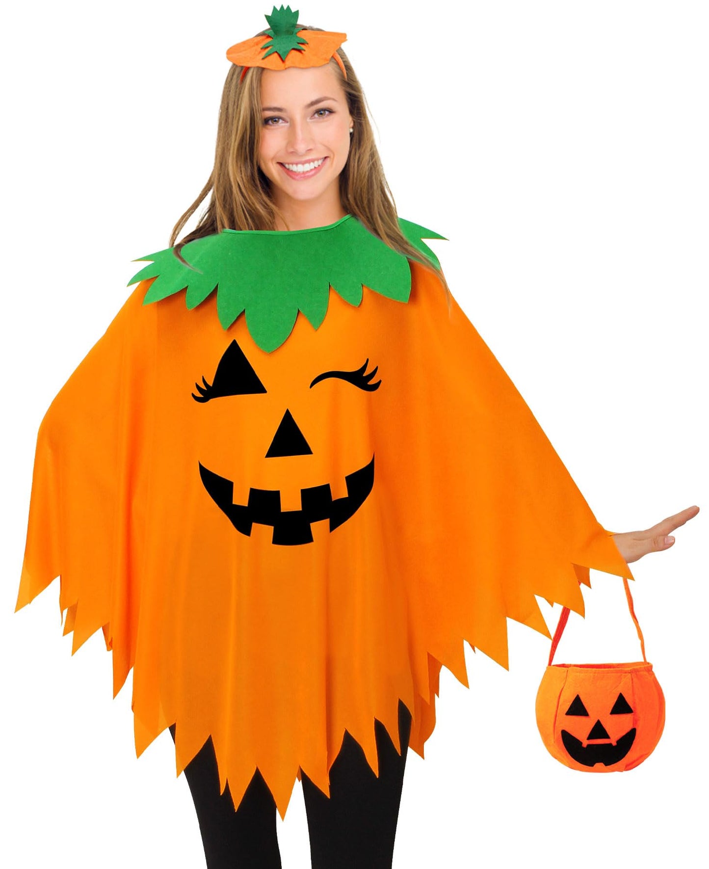 Snwquik 3 PCS Pumpkin Costume for Women, Adults Halloween Costume for Women,Pumpkin Poncho with Headband&Bag