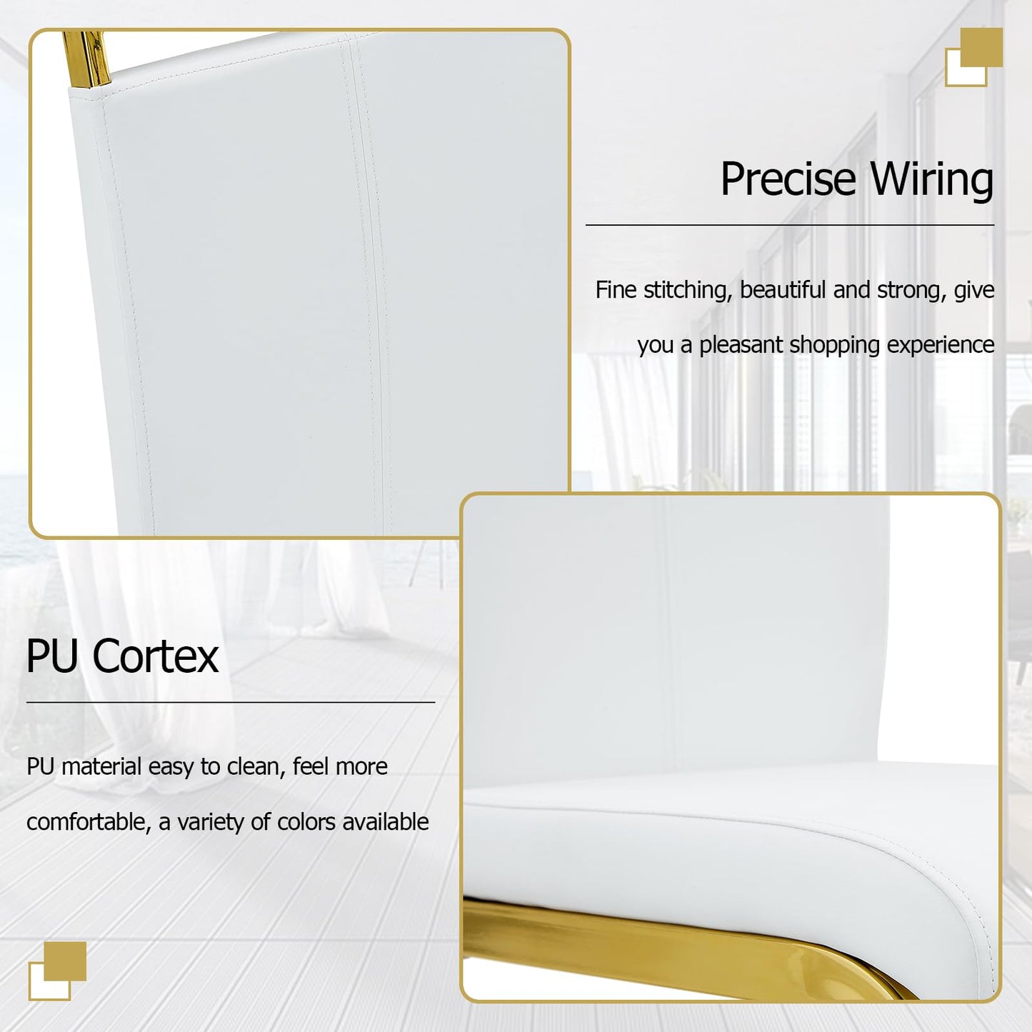 Ebullient Glass Dining Table Set for 4,5 Piece Dining Table and Chairs Set，Modern Kitchen Dining Room Table with 4 White PU Leather Dining Chairs,0.31” Tempered Glass Table Top with Gold Metal Legs