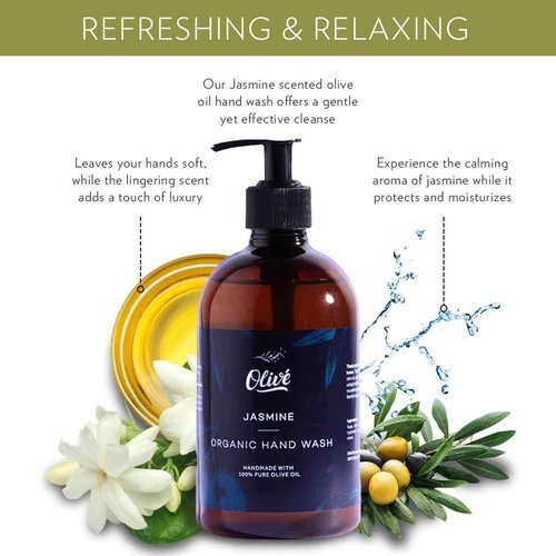 Olivé Olive Oil Gift Box 5 Piece Jasmine Scent Body Wash 500ml Hand Wash 500ml Two 125g Bar Soaps With Loofah Moisturizing Gentle Cleanse Set for Face Body Hands and Sensitive Skin