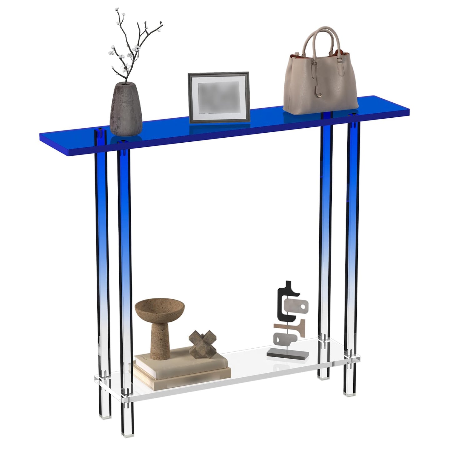 HMYHUM Narrow Acrylic Console Table, with Transparent Gradient Blue Square Legs, 7.6" Width, 2-Tier Clear Entryway Table for Hallway, Foyer, Sofa, Living Room, 39.4" L x 31.5" H
