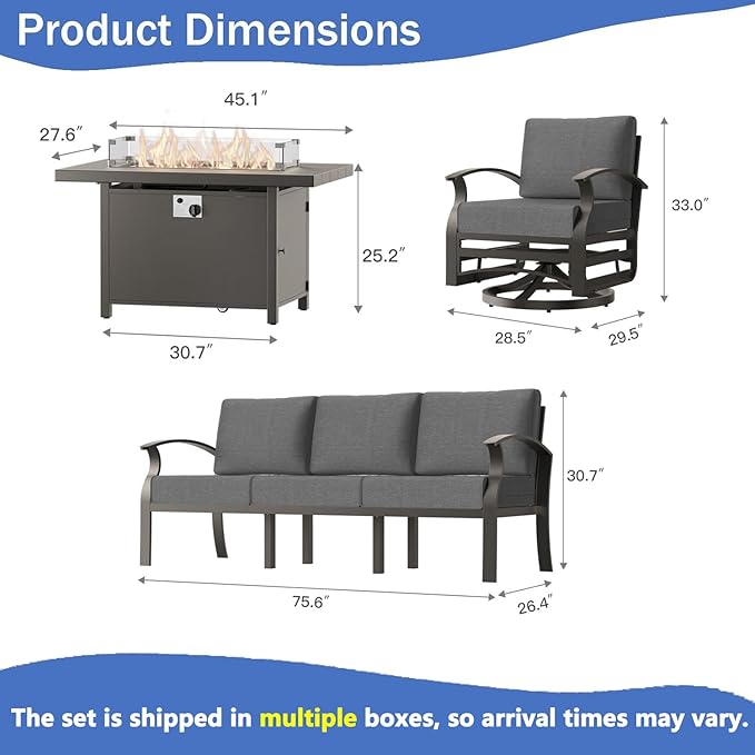 RTDTD Aluminum Outdoor Patio Furniture Set,4 Pieces 5 Seats Patio Conversation Sets with 45" Propane Fire Pit Table,Metal Patio Sectional Furniture Set with 2 Swivel Rocking Chairs,Grey